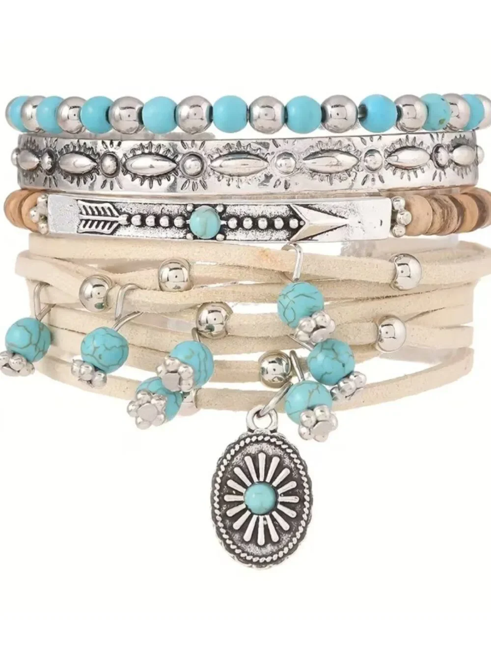 NWT Western Boho Faux Turquoise Stacked Bracelet Set PU Leather Charm Cuff